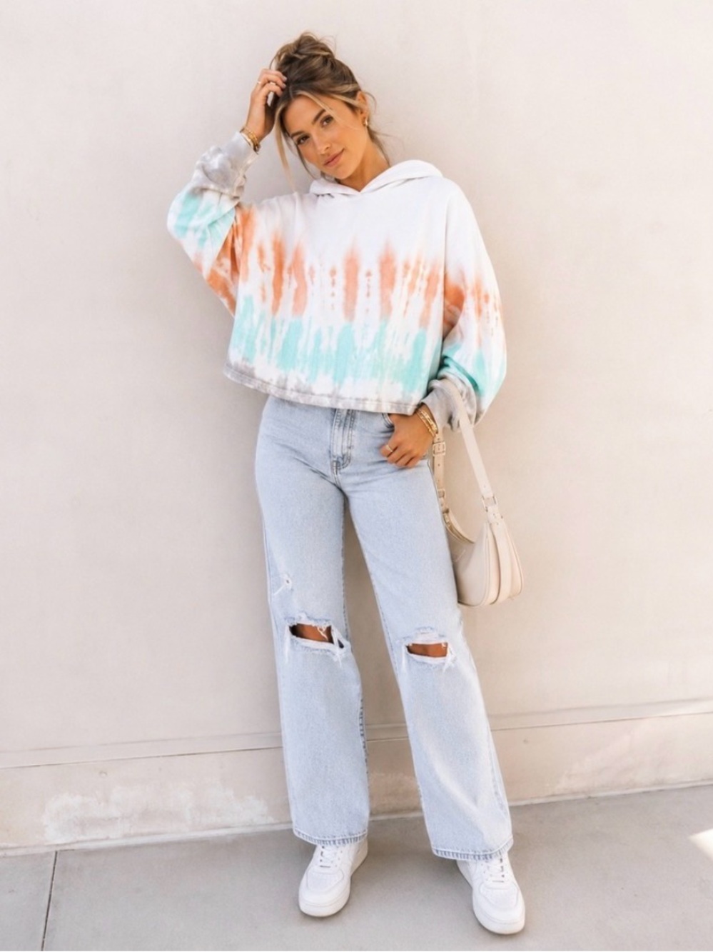 Tie-Dye cropped Hooded Women's Sweater in White, Peach & Light Blue